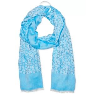 Calvin Klein NWT Chambray CK Border Scarf Fringe Raw Logo Two Tone One Size New